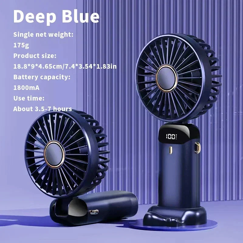Foldable Handheld Mini Fan 3000mAh, 5-Speed, USB Rechargeable with Phone Stand & Display Screen