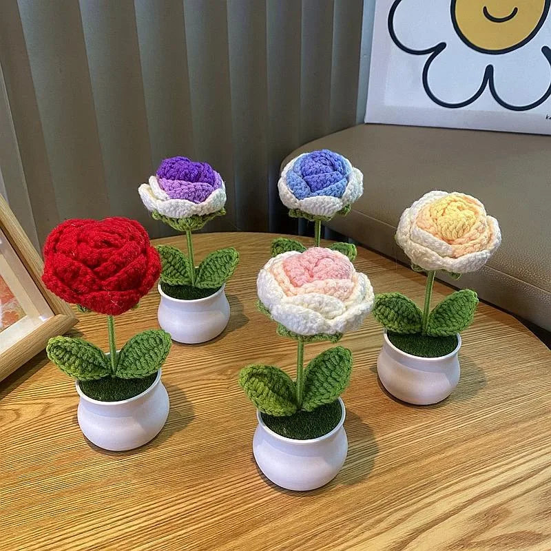 DIY Mini Handwoven Rose Plant – Woolen Thread Potted Decor for Office & Home
