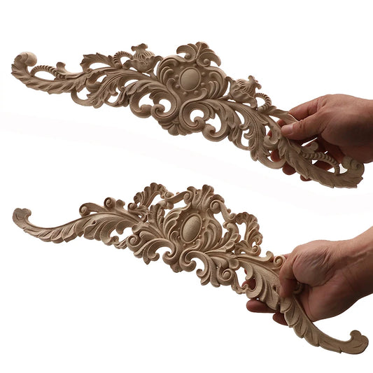 Long Rose Carved Wood Applique – Vintage Unpainted Furniture Decoration