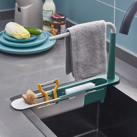 Telescopic Sink Shelf Organizer – Adjustable Soap, Sponge Holder & Drain Rack for Kitchen Sink Storage