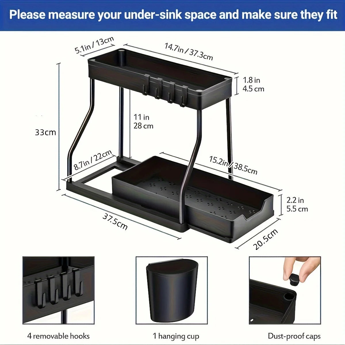 2 Tier Pull Out Storage Box Drawer Organizer – Space Saving, Durable, Large Capacity for Kitchen & Bathroom Essentials