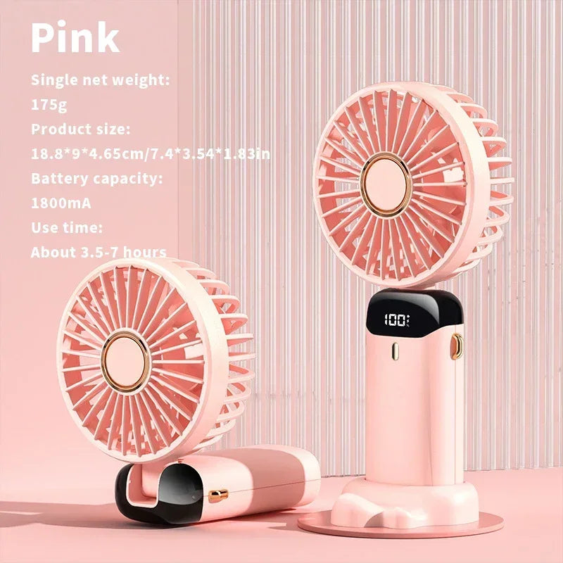 Foldable Handheld Mini Fan 3000mAh, 5-Speed, USB Rechargeable with Phone Stand & Display Screen