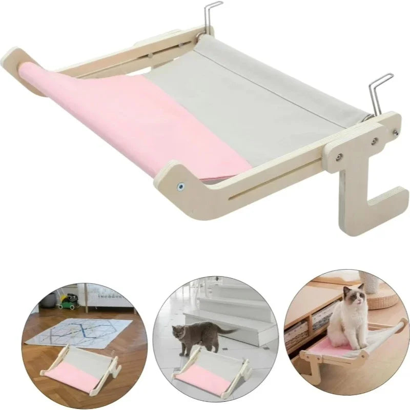 Cat Hammock Window Bed with Wooden Stand – Hanging Detachable Balcony Perch Nest for Indoor Cats & Kittens