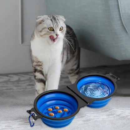 Foldable Double Dog Bowl – Travel Water & Food Feeder with Lock Clips for Walking, Hiking, Camping