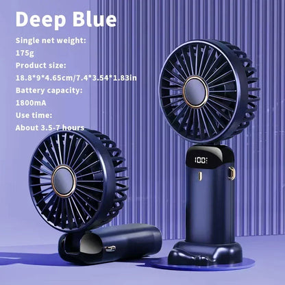 Foldable Handheld Mini Fan 3000mAh, 5-Speed, USB Rechargeable with Phone Stand & Display Screen