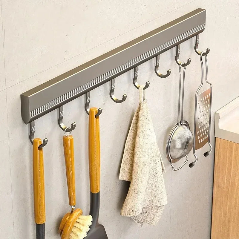 Wall Mounted Aluminum Alloy Hooks Rack – Drill-Free Row Hook Holder for Kitchen Utensils, Bathroom Towels, Robes & Coats