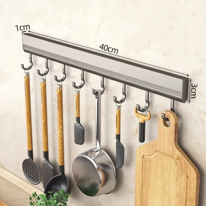 Wall Mounted Aluminum Alloy Hooks Rack – Drill-Free Row Hook Holder for Kitchen Utensils, Bathroom Towels, Robes & Coats