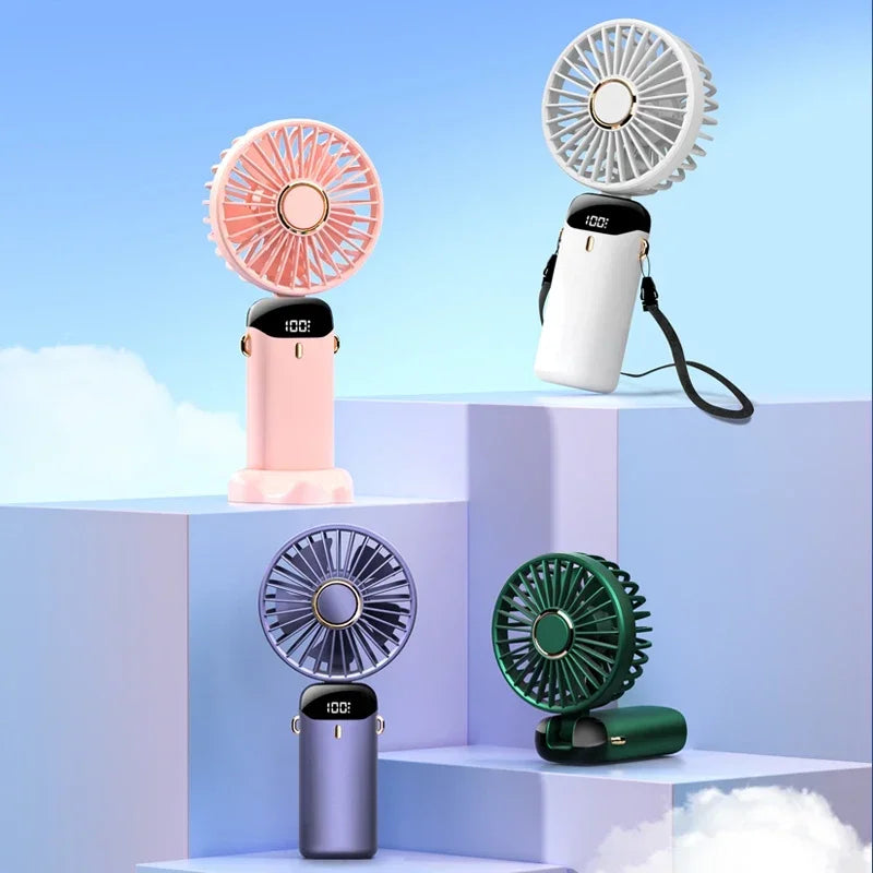 Foldable Handheld Mini Fan 3000mAh, 5-Speed, USB Rechargeable with Phone Stand & Display Screen