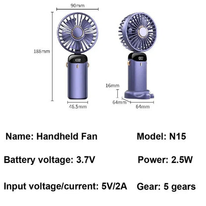 Foldable Handheld Mini Fan 3000mAh, 5-Speed, USB Rechargeable with Phone Stand & Display Screen