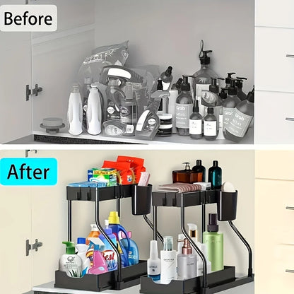 2 Tier Pull Out Storage Box Drawer Organizer – Space Saving, Durable, Large Capacity for Kitchen & Bathroom Essentials