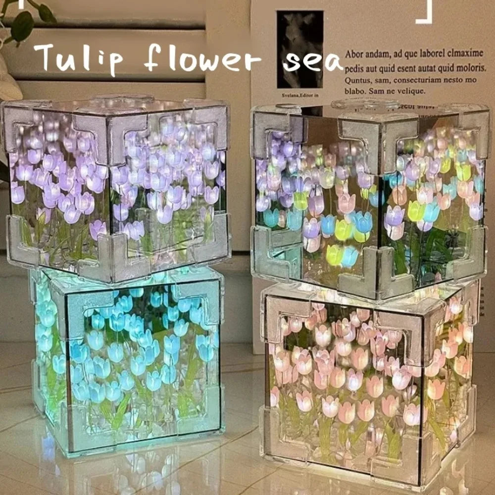 DIY Tulip Mirror Cube Lamp – Handmade Flower Night Light & Bedroom Decor Gift