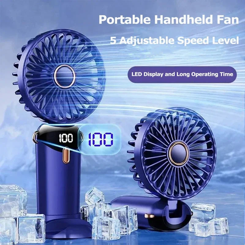Foldable Handheld Mini Fan 3000mAh, 5-Speed, USB Rechargeable with Phone Stand & Display Screen