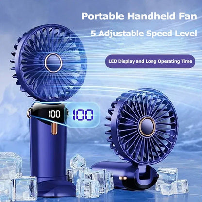 Foldable Handheld Mini Fan 3000mAh, 5-Speed, USB Rechargeable with Phone Stand & Display Screen