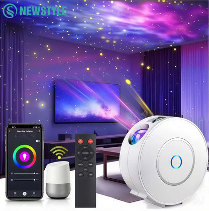 Smart Galaxy Star Projector – App-controlled nebula night light for gaming rooms, bedrooms, and ambient decor.