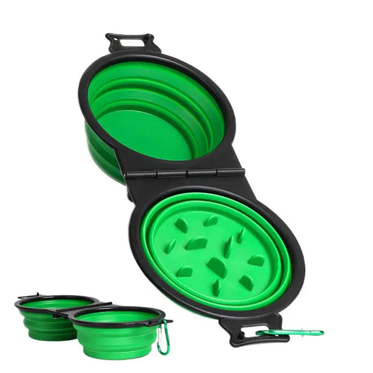Foldable Double Dog Bowl – Travel Water & Food Feeder with Lock Clips for Walking, Hiking, Camping