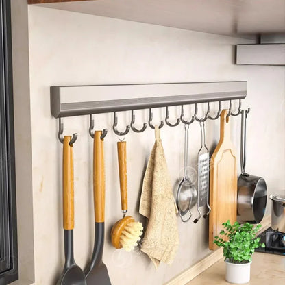 Wall Mounted Aluminum Alloy Hooks Rack – Drill-Free Row Hook Holder for Kitchen Utensils, Bathroom Towels, Robes & Coats