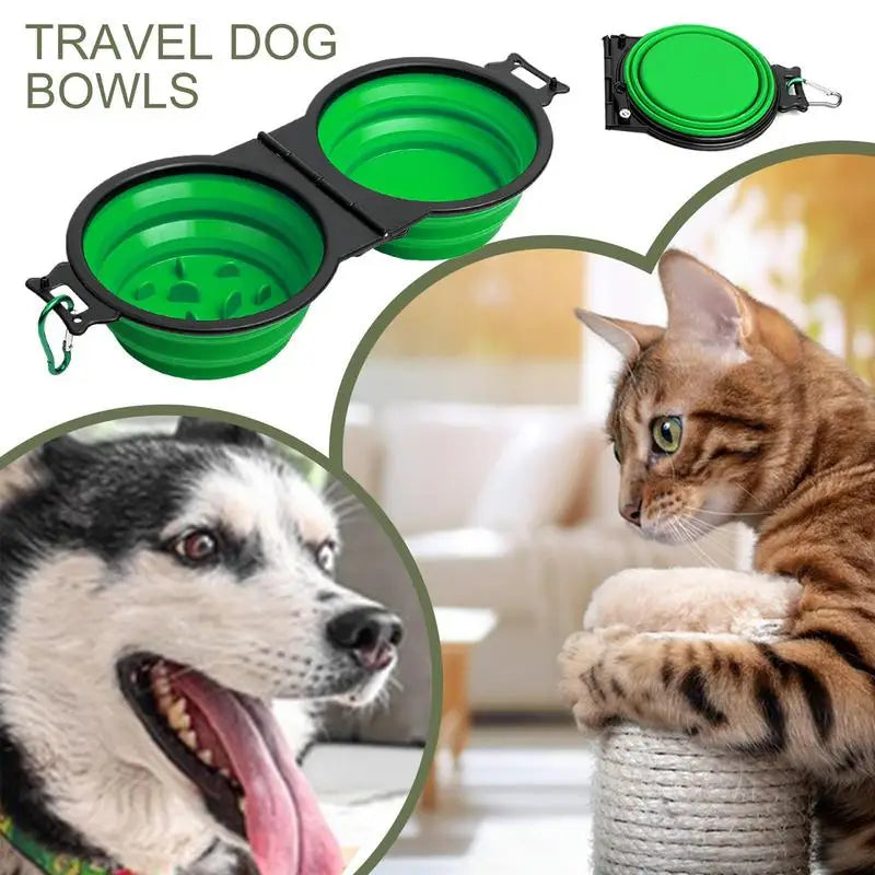 Foldable Double Dog Bowl – Travel Water & Food Feeder with Lock Clips for Walking, Hiking, Camping