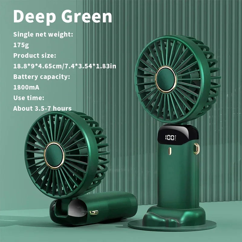 Foldable Handheld Mini Fan 3000mAh, 5-Speed, USB Rechargeable with Phone Stand & Display Screen