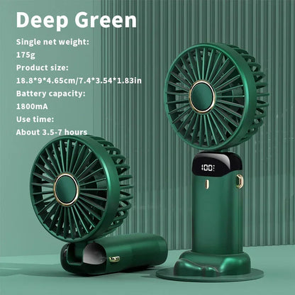 Foldable Handheld Mini Fan 3000mAh, 5-Speed, USB Rechargeable with Phone Stand & Display Screen