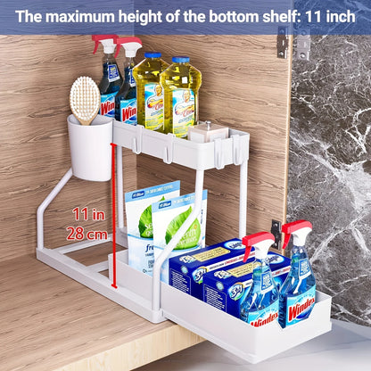 2 Tier Pull Out Storage Box Drawer Organizer – Space Saving, Durable, Large Capacity for Kitchen & Bathroom Essentials