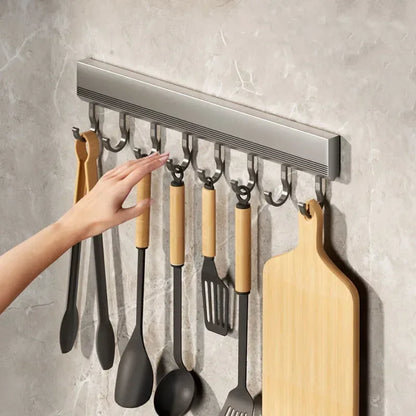 Wall Mounted Aluminum Alloy Hooks Rack – Drill-Free Row Hook Holder for Kitchen Utensils, Bathroom Towels, Robes & Coats