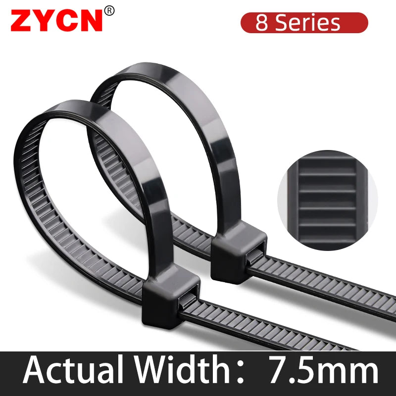 100Pcs 8 Series 7.5MM Nylon Cable Ties – White/Black, Self-Locking, Strong Tensile
