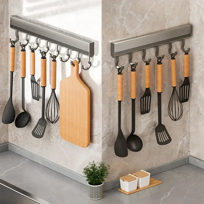 Wall Mounted Aluminum Alloy Hooks Rack – Drill-Free Row Hook Holder for Kitchen Utensils, Bathroom Towels, Robes & Coats