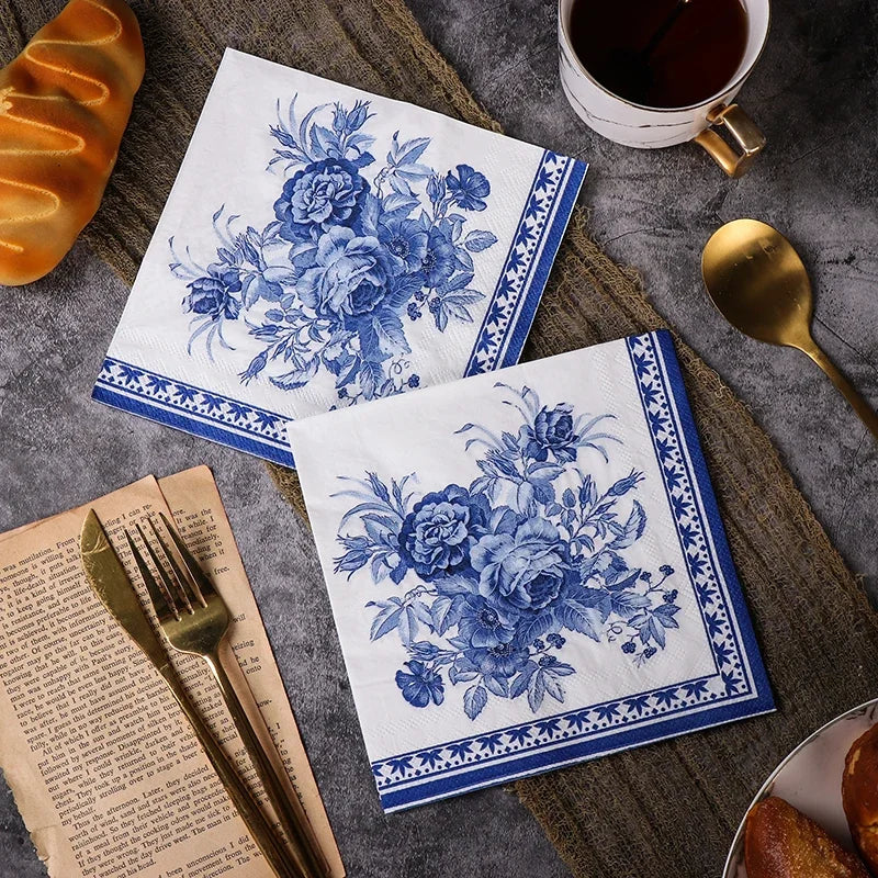 20pcs Blue Printed 2-Ply Paper Napkins Party & Wedding Use