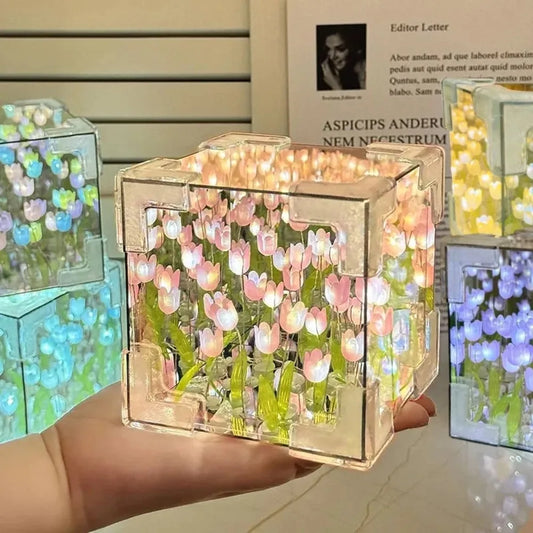 DIY Tulip Mirror Cube Lamp – Handmade Flower Night Light & Bedroom Decor Gift