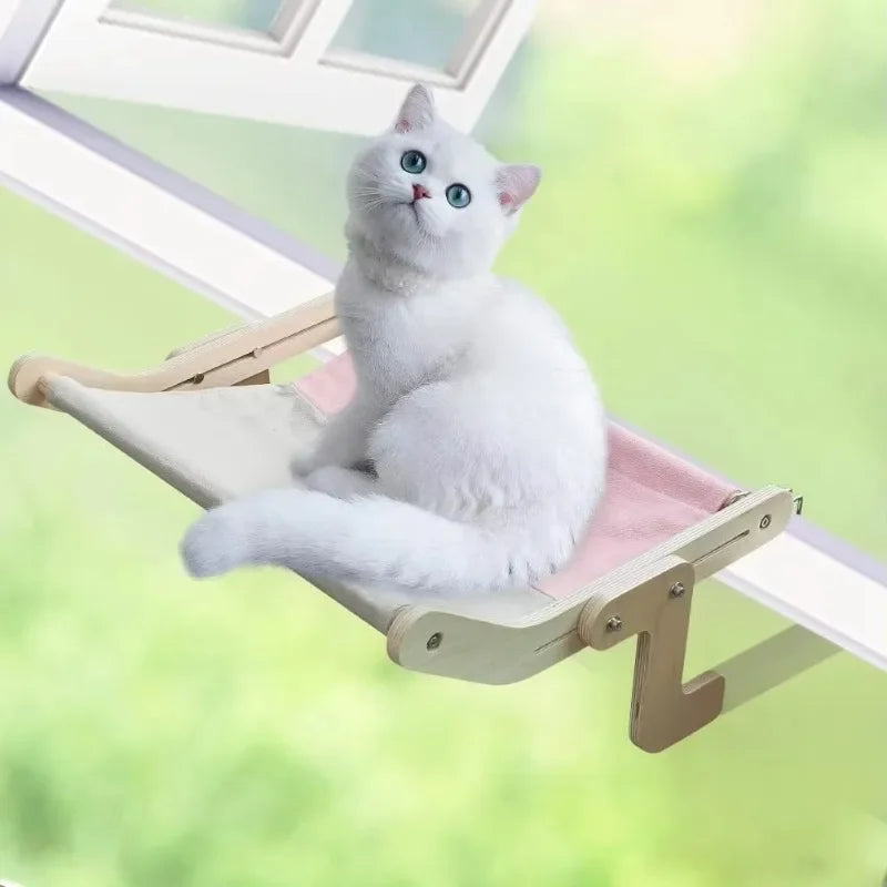 Cat Hammock Window Bed with Wooden Stand – Hanging Detachable Balcony Perch Nest for Indoor Cats & Kittens