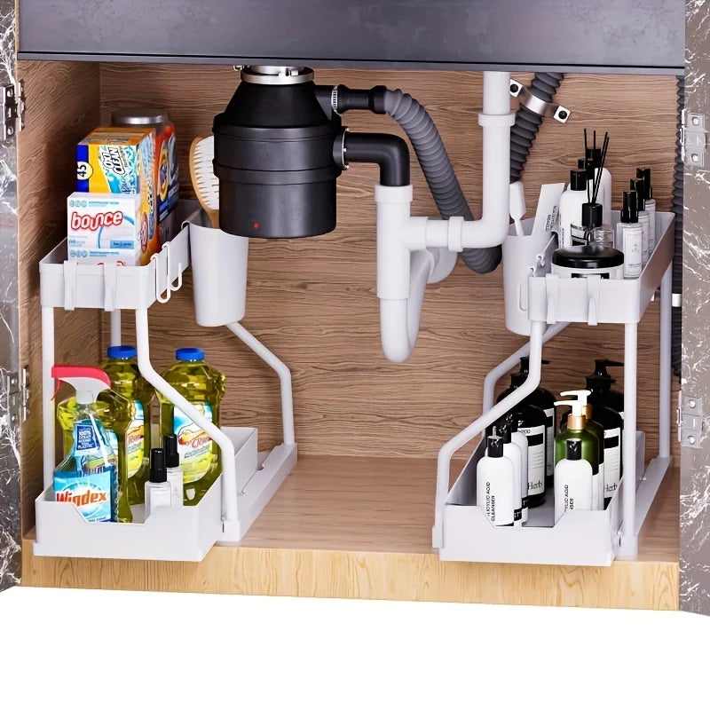2 Tier Pull Out Storage Box Drawer Organizer – Space Saving, Durable, Large Capacity for Kitchen & Bathroom Essentials