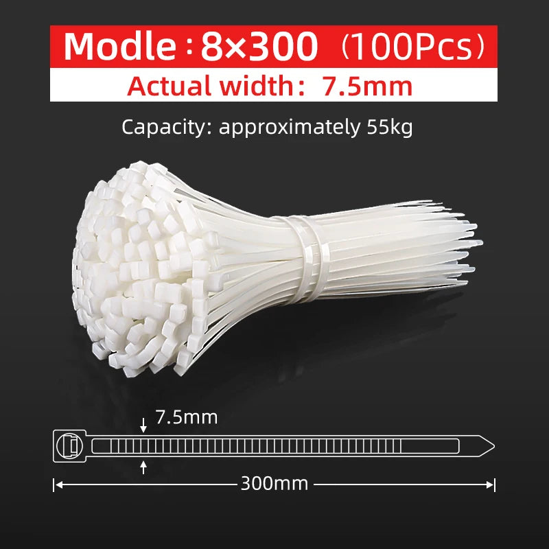 100Pcs 8 Series 7.5MM Nylon Cable Ties – White/Black, Self-Locking, Strong Tensile