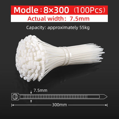 100Pcs 8 Series 7.5MM Nylon Cable Ties – White/Black, Self-Locking, Strong Tensile