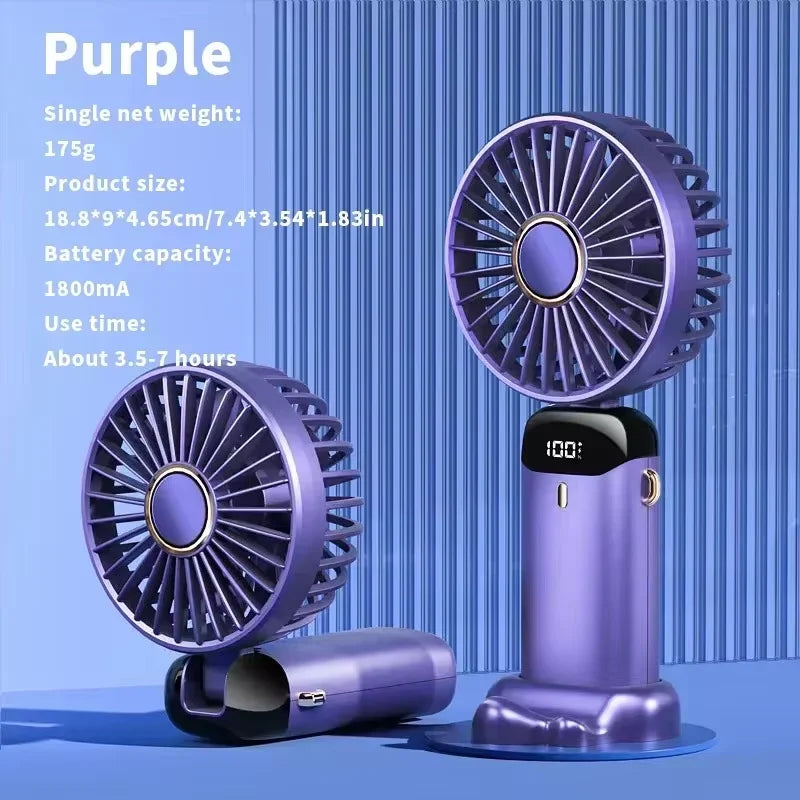 Foldable Handheld Mini Fan 3000mAh, 5-Speed, USB Rechargeable with Phone Stand & Display Screen