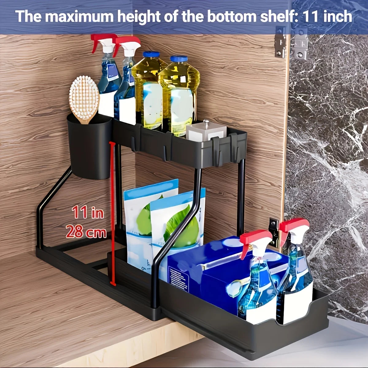 2 Tier Pull Out Storage Box Drawer Organizer – Space Saving, Durable, Large Capacity for Kitchen & Bathroom Essentials