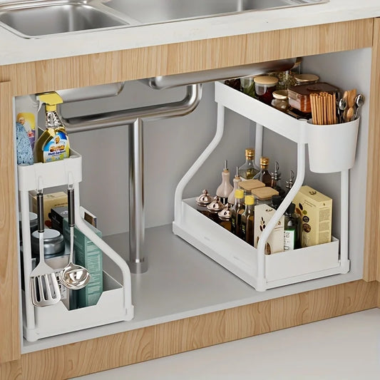 2 Tier Pull Out Storage Box Drawer Organizer – Space Saving, Durable, Large Capacity for Kitchen & Bathroom Essentials