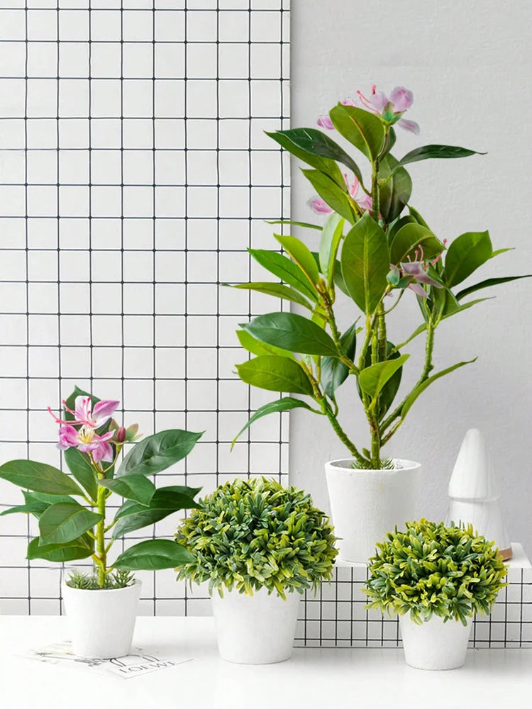 Artificial Azalea & Ficus Plants with Palm Leaves – 21-40cm Faux Greenery for Home Decor