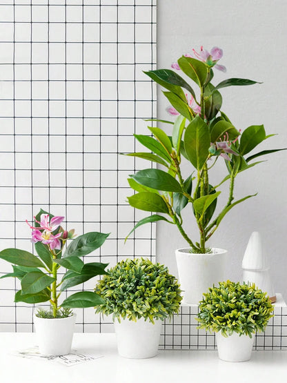 Artificial Azalea & Ficus Plants with Palm Leaves – 21-40cm Faux Greenery for Home Decor