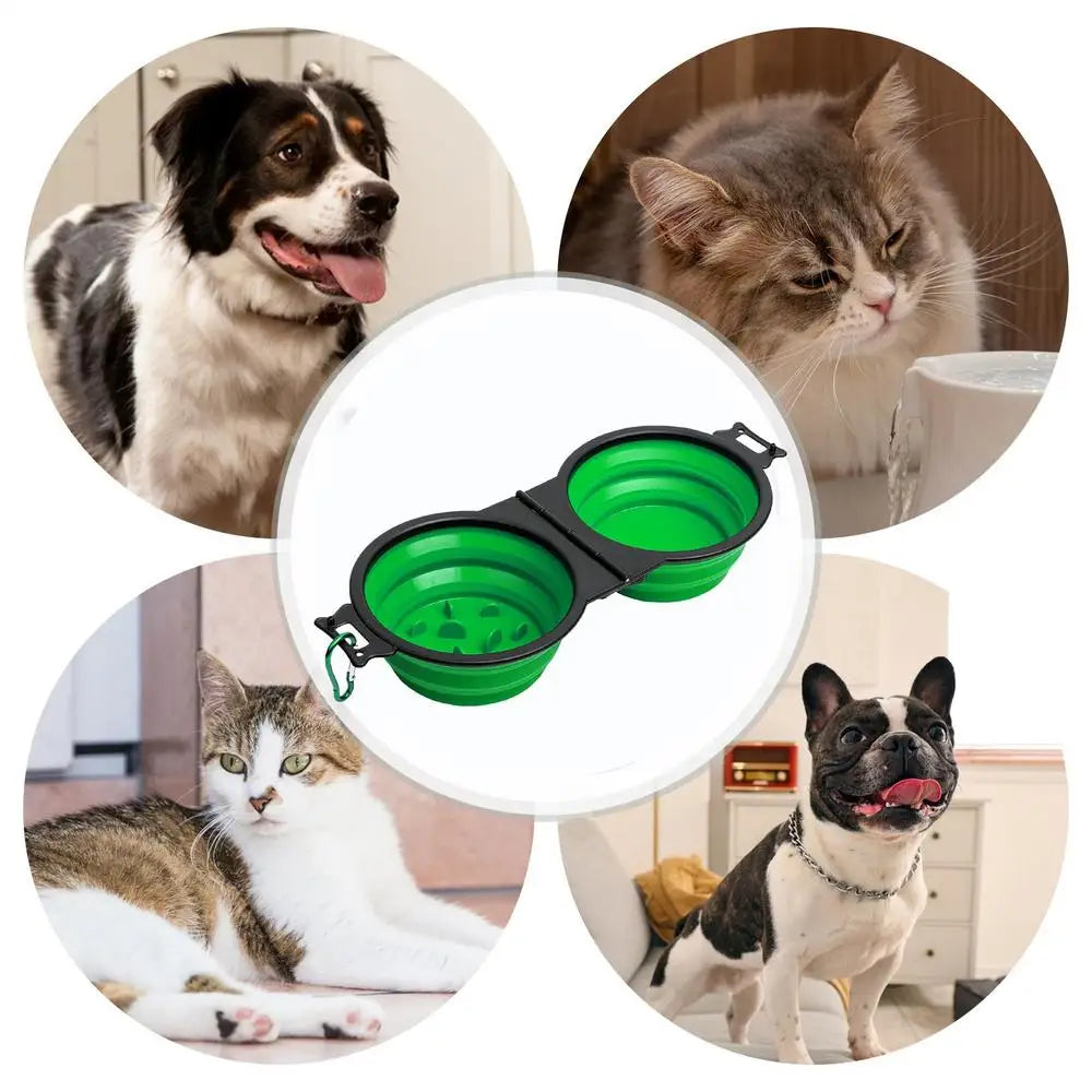 Foldable Double Dog Bowl – Travel Water & Food Feeder with Lock Clips for Walking, Hiking, Camping