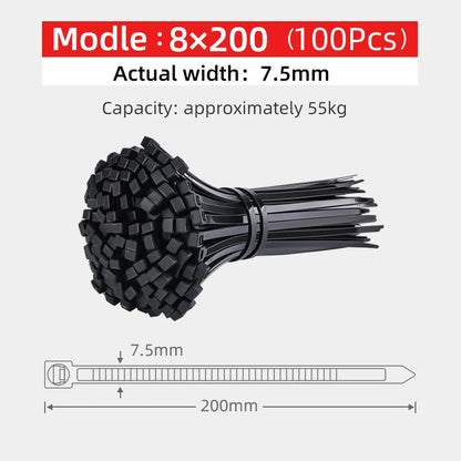 100Pcs 8 Series 7.5MM Nylon Cable Ties – White/Black, Self-Locking, Strong Tensile