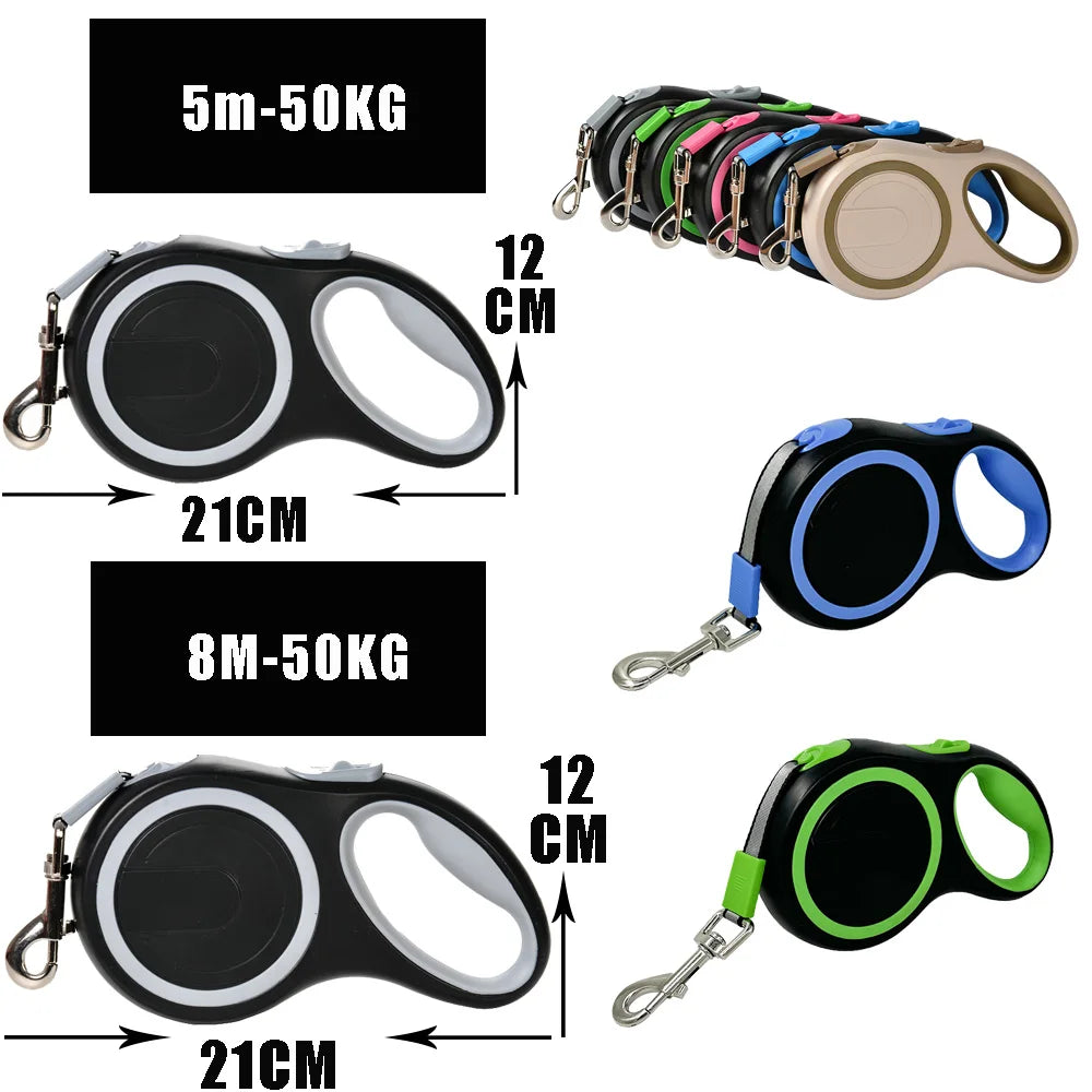 Retractable Dog Leash 5m/8m – Adjustable Rope Walking & Hiking Leash for Small to Large Dogs up to 50kg