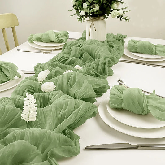 Sage Green Semi-Sheer Gauze Table Runner – Vintage Rustic Decor for Weddings & Holidays