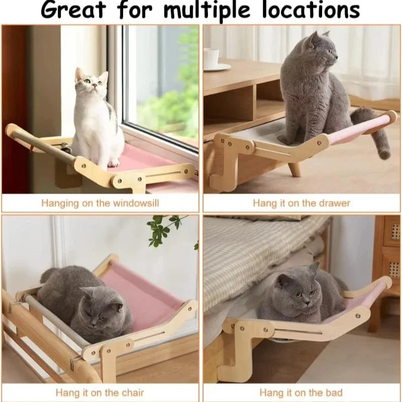 Cat Hammock Window Bed with Wooden Stand – Hanging Detachable Balcony Perch Nest for Indoor Cats & Kittens