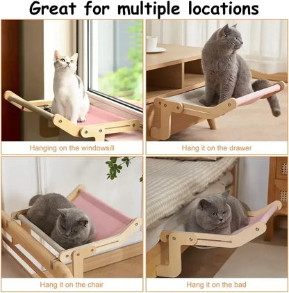 Cat Hammock Window Bed with Wooden Stand – Hanging Detachable Balcony Perch Nest for Indoor Cats & Kittens