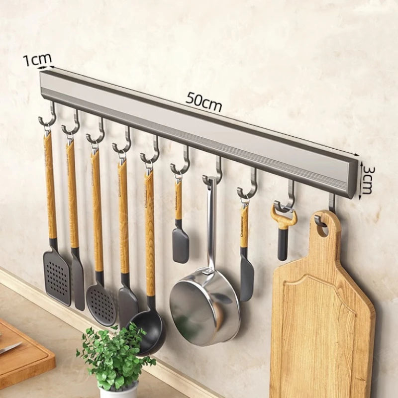 Wall Mounted Aluminum Alloy Hooks Rack – Drill-Free Row Hook Holder for Kitchen Utensils, Bathroom Towels, Robes & Coats