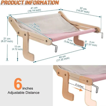 Cat Hammock Window Bed with Wooden Stand – Hanging Detachable Balcony Perch Nest for Indoor Cats & Kittens
