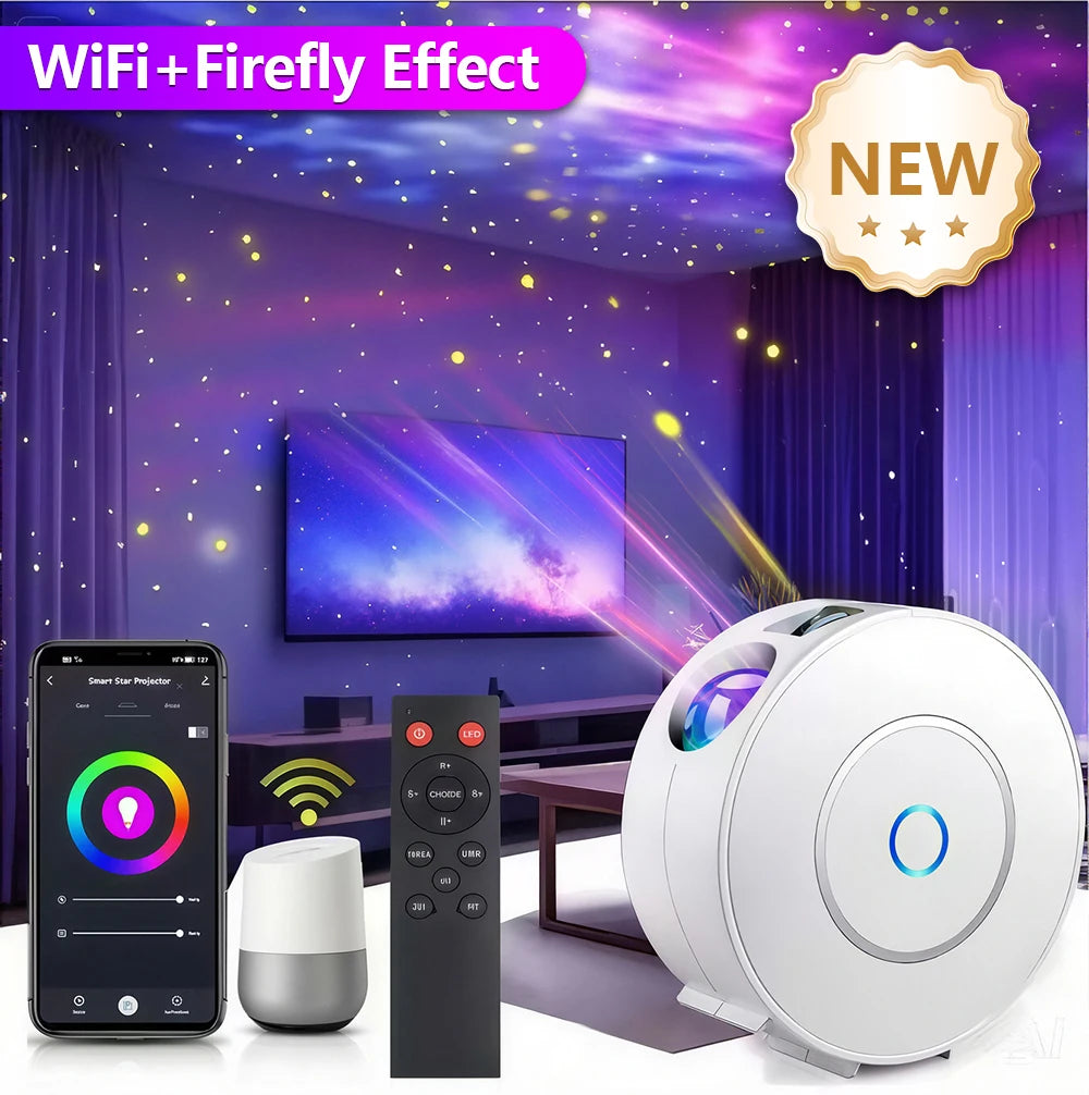 Smart Galaxy Star Projector – App-controlled nebula night light for gaming rooms, bedrooms, and ambient decor.