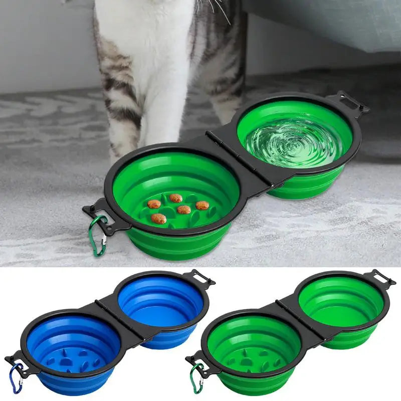Foldable Double Dog Bowl – Travel Water & Food Feeder with Lock Clips for Walking, Hiking, Camping