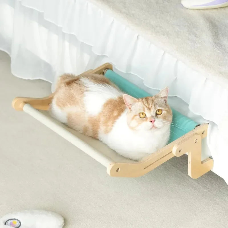 Cat Hammock Window Bed with Wooden Stand – Hanging Detachable Balcony Perch Nest for Indoor Cats & Kittens