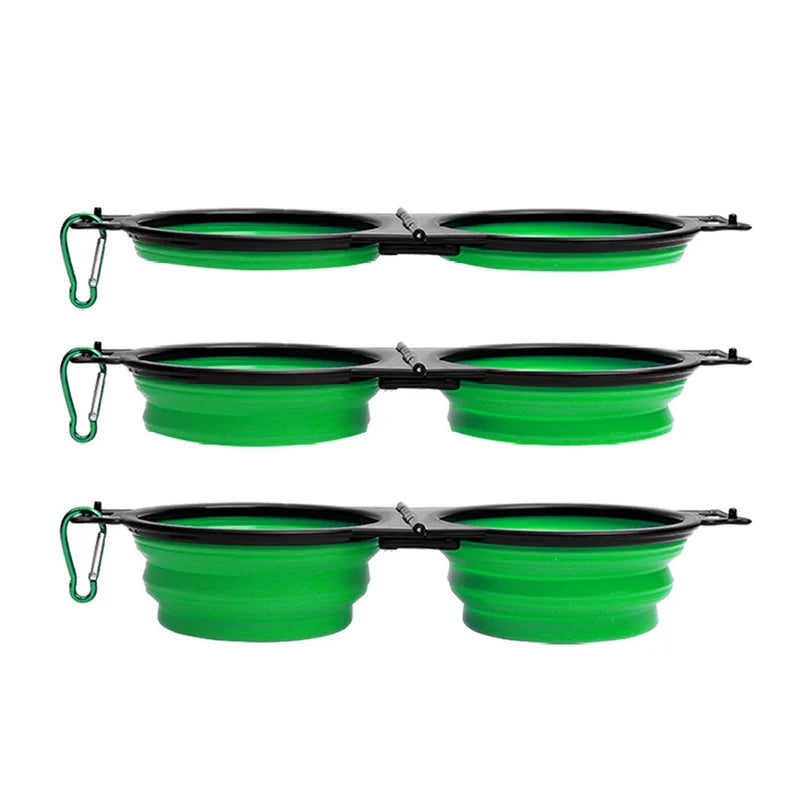 Foldable Double Dog Bowl – Travel Water & Food Feeder with Lock Clips for Walking, Hiking, Camping